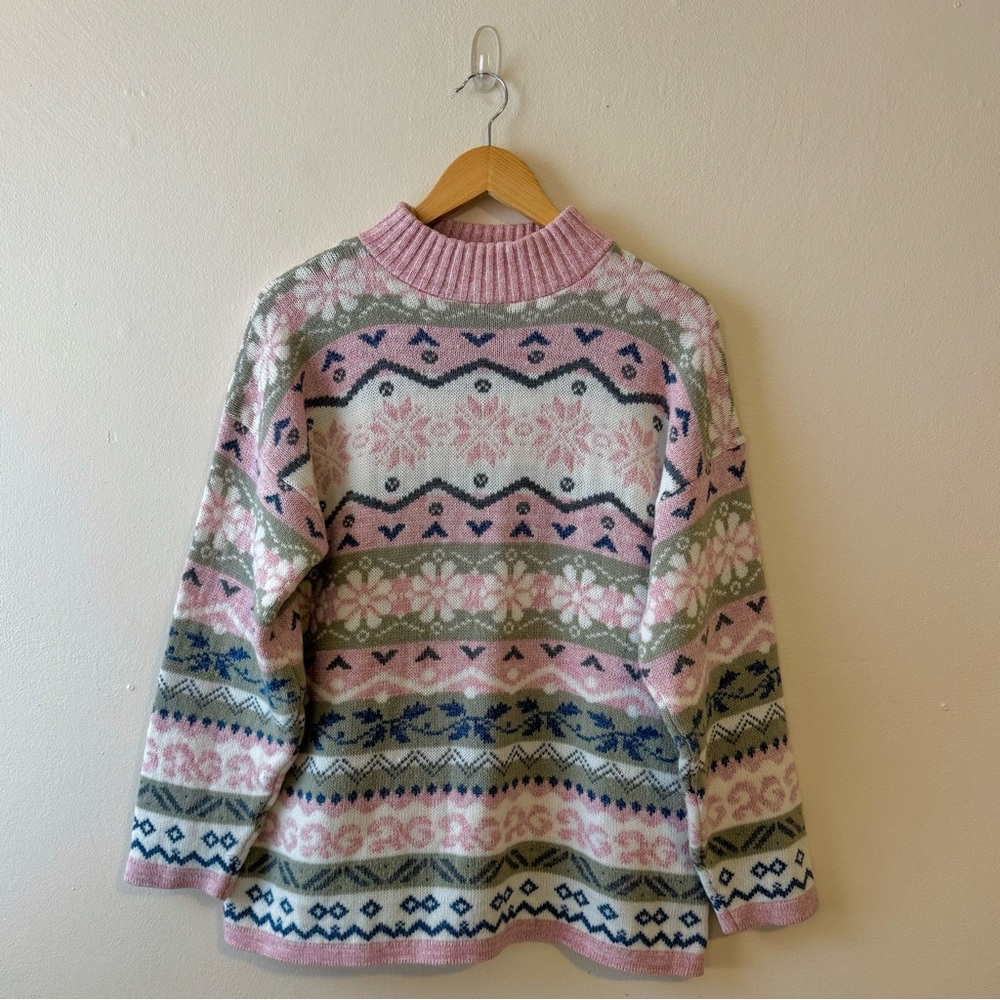 Vintage 90s Dana Scott Pastel Fair Isle Mock Neck Sweater Size M